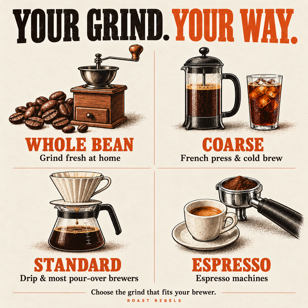 Illustrated Roast Rebels grind guide: whole bean for grinding at home; coarse for French press and cold brew; standard for drip and most pour-over brewers; espresso for espresso machines.
